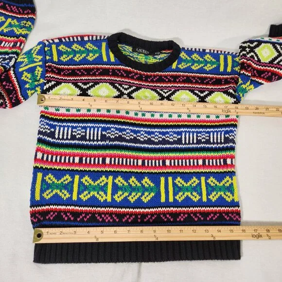 LAUREN Unisex Multicolor Geo-Motif Cotton-Linen Crewneck Sweater Size XS Ex. Con - Picture 15 of 16